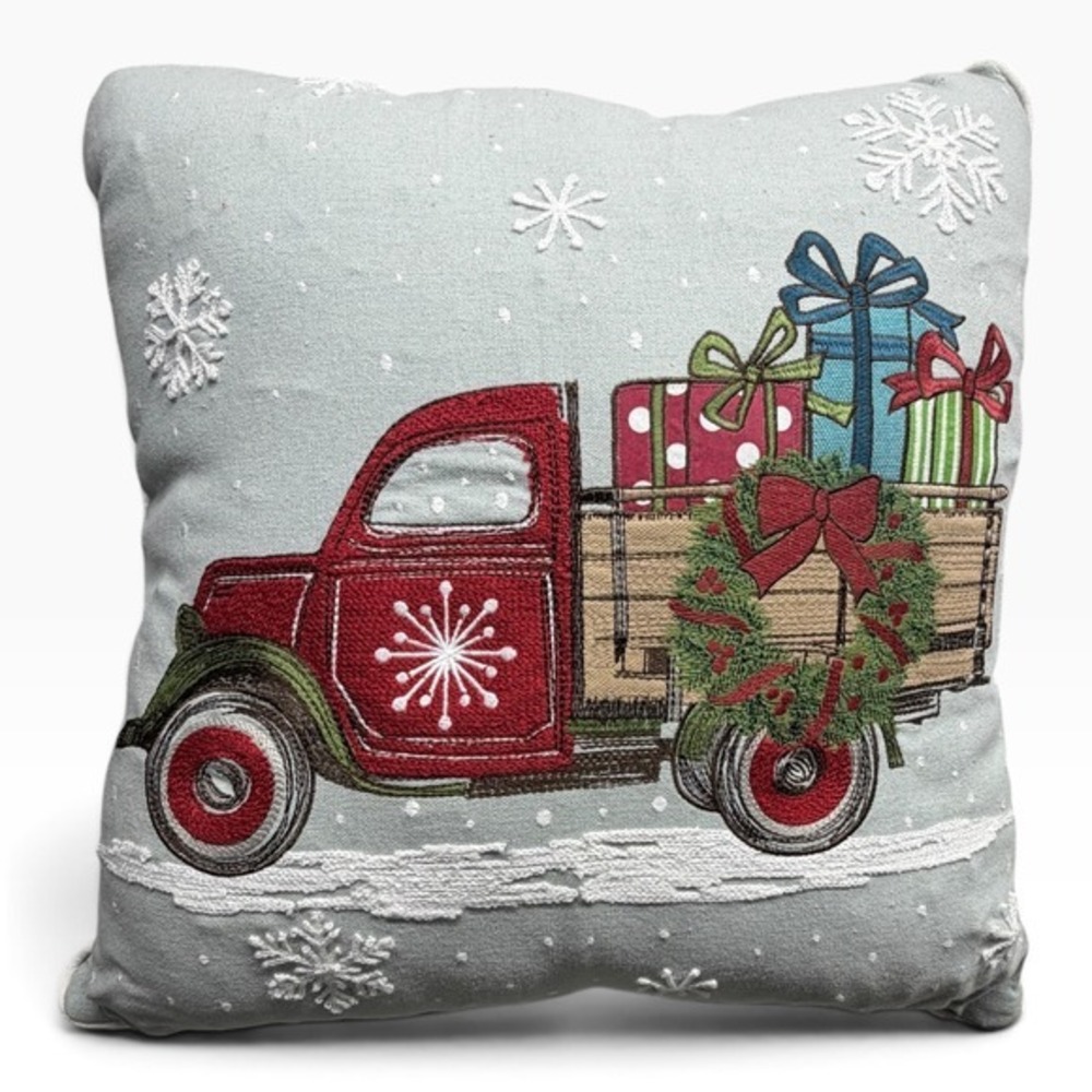 Pier 1 Christmas Throw Pillow Embroidered Vintage Red Truck Holiday Decor Lights